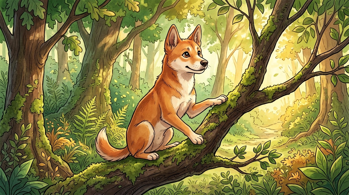 Ein fuchsähnlicher Hund, ein New Guinea Singing Dog, klettert geschickt auf einen dicken Baumast.