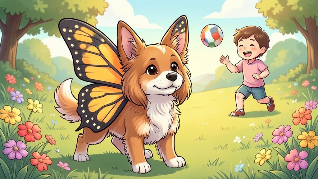 Ein fröhlicher kleiner Papillon-Hund mit großen Schmetterlingsohren spielt auf einer bunten Blumenwiese.