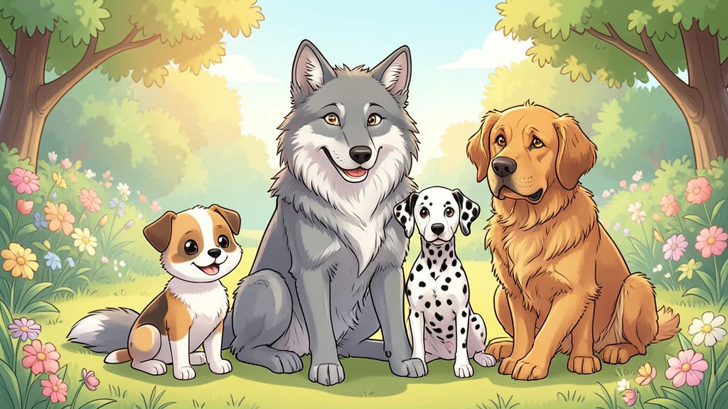 Eine kindgerechte Illustration eines Wolfes, der freundlich inmitten verschiedener Hunderassen wie Mops, Dalmatiner und Bernhardiner sitzt.