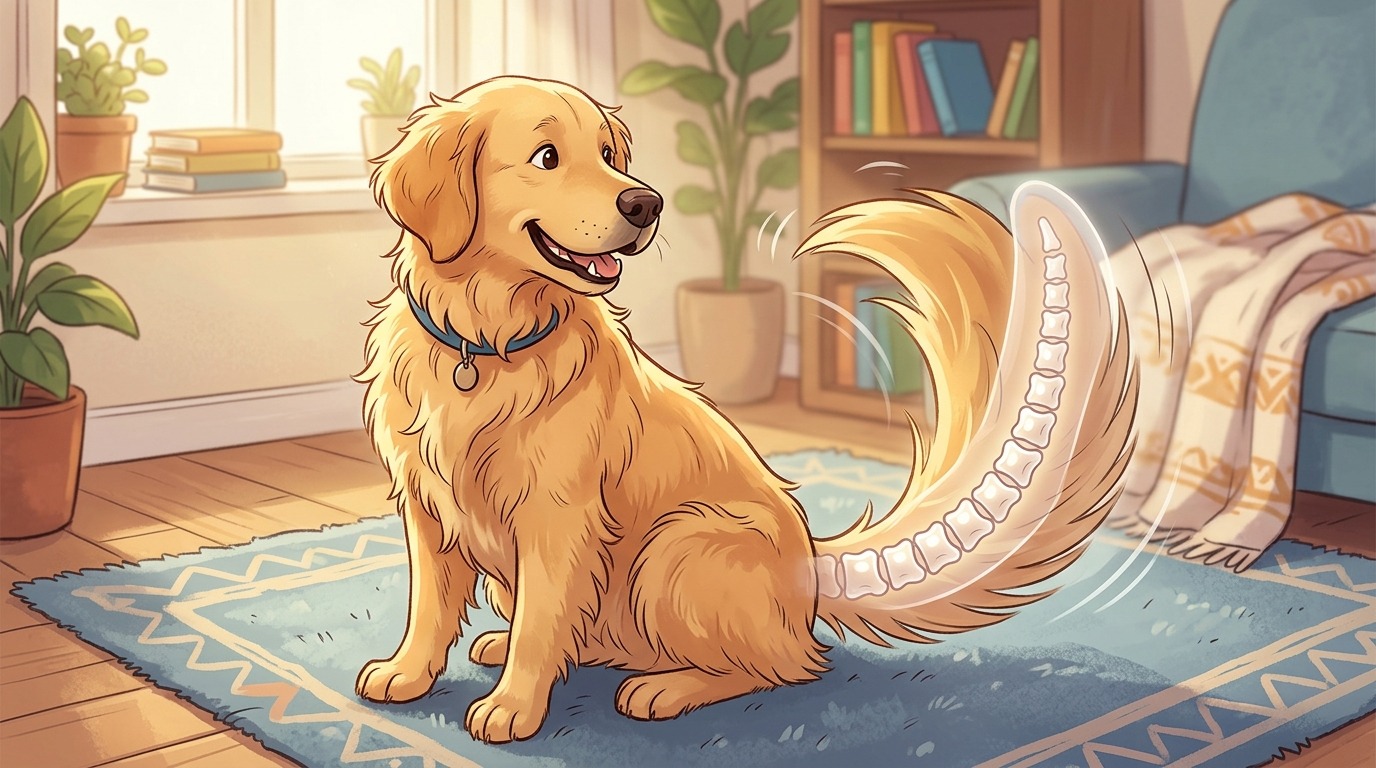 Kindgerechte Illustration eines Hundes, der seinen Schwanz betrachtet, wobei die Wirbelknochen im Inneren wie eine Perlenkette angedeutet sind.