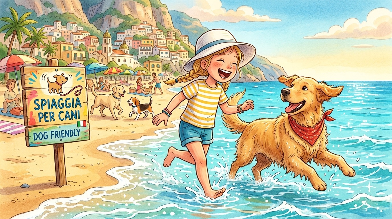 Ein Kind und ein Golden Retriever spielen glücklich an einem sonnigen Hundestrand in Italien im Wasser.