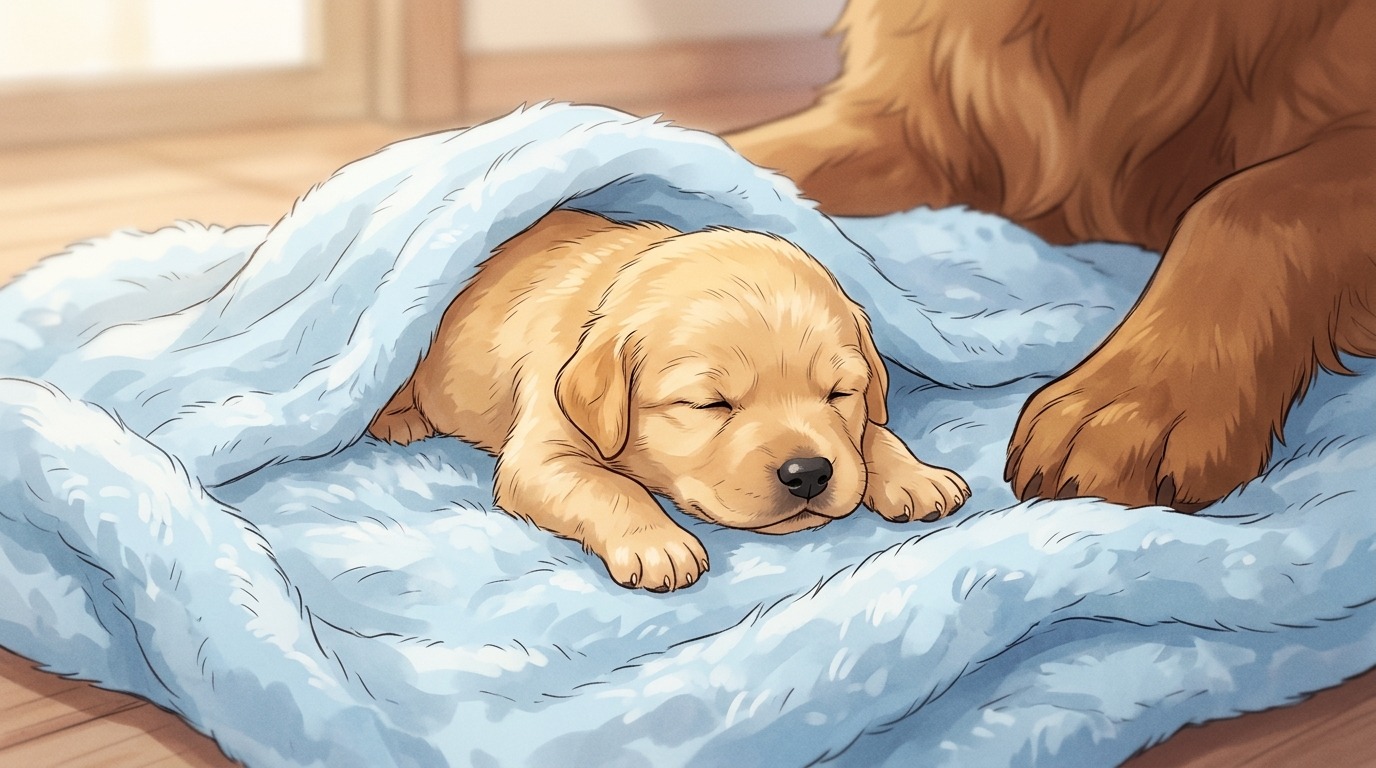 Eine Illustration von einem winzigen, neugeborenen Welpen, der auf einer weichen Decke auf dem Bauch robbt.