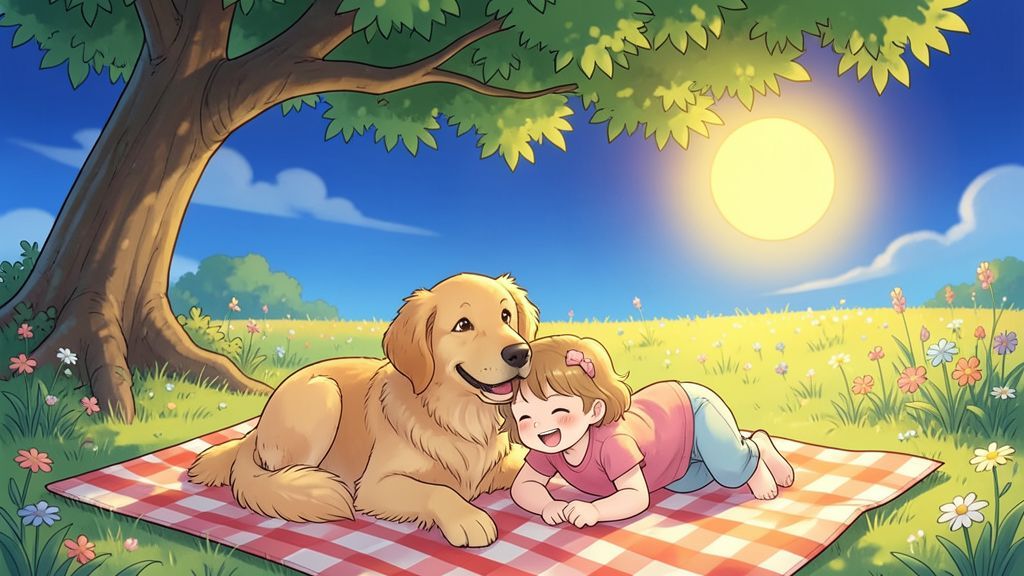 Ein Kind und ein freundlicher Hund liegen entspannt im Schatten unter einem großen Baum an einem sonnigen Sommertag.