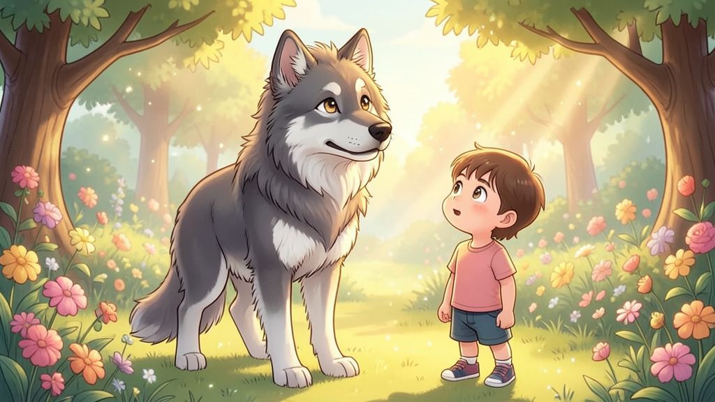 Ein riesiger, grauer Irischer Wolfshund steht sanft neben einem kleinen, staunenden Kind in einem sonnigen Garten.