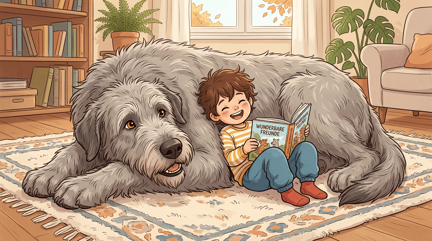 Ein riesiger, struppiger grauer Irischer Wolfshund liegt gemütlich auf einem Teppich, während ein Kind sich an ihn lehnt.