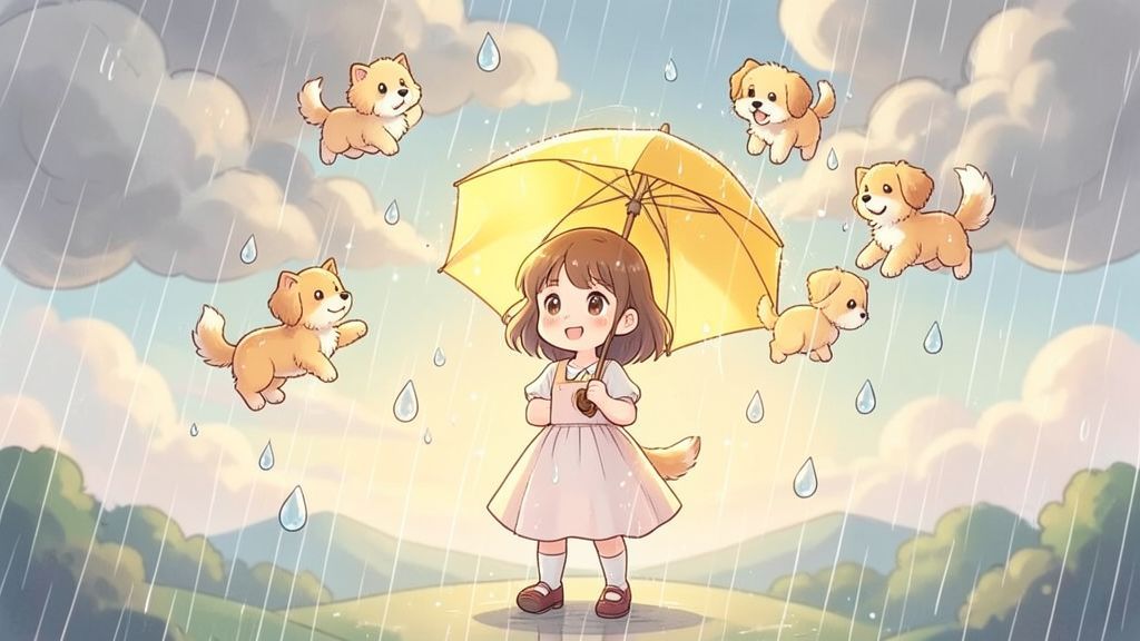 Eine lustige Kinderbuch-Illustration, die zeigt, wie kleine Hunde und Katzen wie Regentropfen sanft vom Himmel schweben.