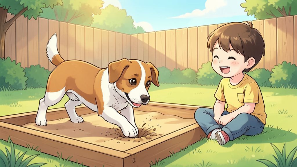 Ein fröhlicher Jack Russell Terrier buddelt im Garten ein Loch, während ein lachendes Kind ihm zuschaut.