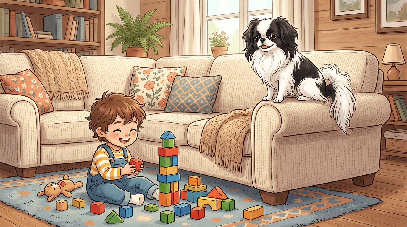 Ein niedlicher schwarz-weißer Japan Chin Hund sitzt auf einer hohen Sofalehne und beobachtet freundlich ein spielendes Kind.