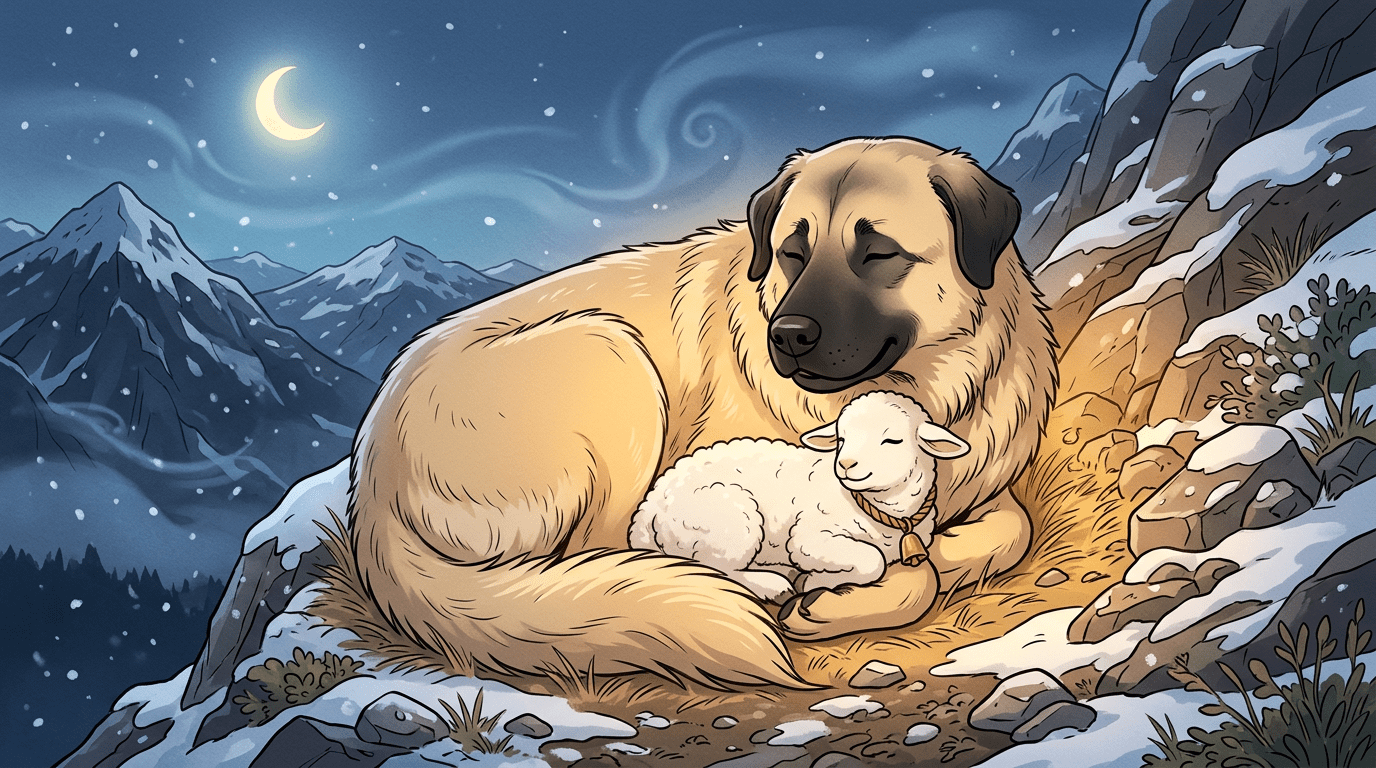 Ein großer, sandfarbener Kangal Hund liegt schützend um ein kleines weißes Lamm in einer bergigen Landschaft.