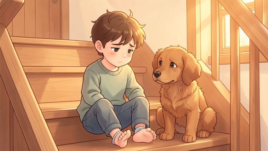 Ein kleiner Junge sitzt traurig auf einer Treppe und lässt den Kopf hängen, während sein Hund tröstend daneben sitzt.
