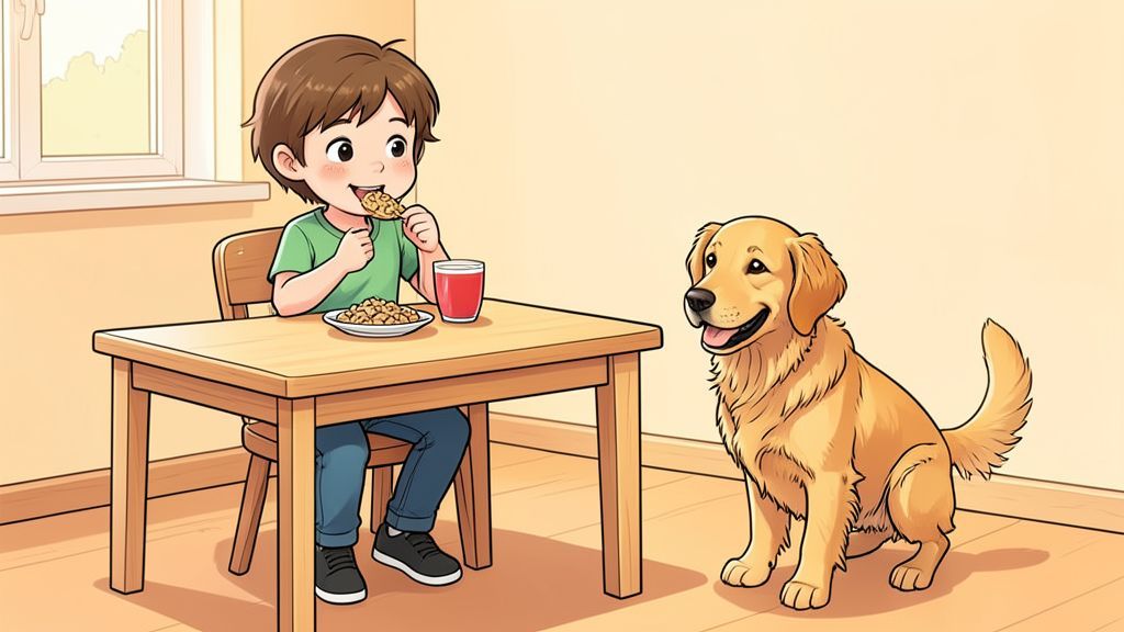 Ein glückliches Kind isst am Tisch, während ein Golden Retriever aus seinem eigenen Napf auf dem Boden frisst.