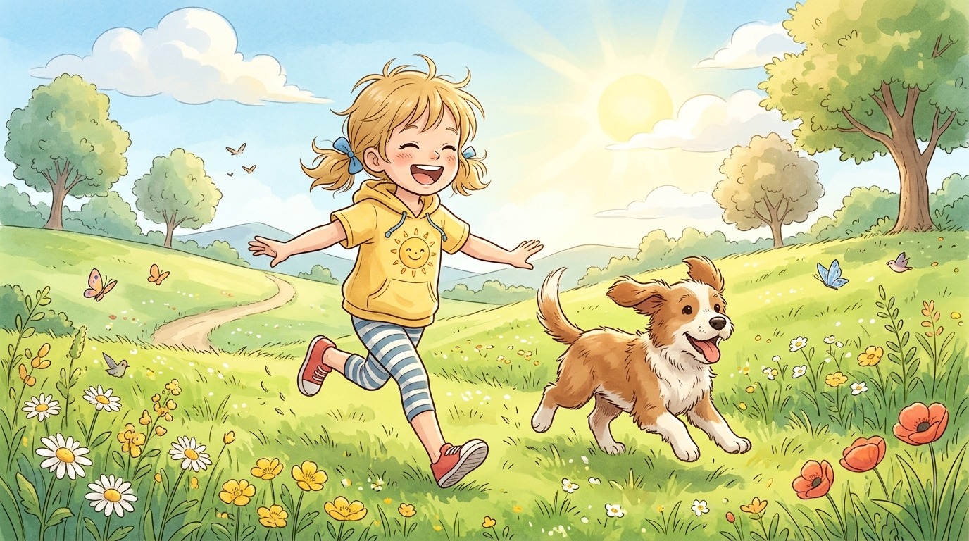 Ein Kind und ein Hund spielen fröhlich zusammen auf einer grünen Wiese.