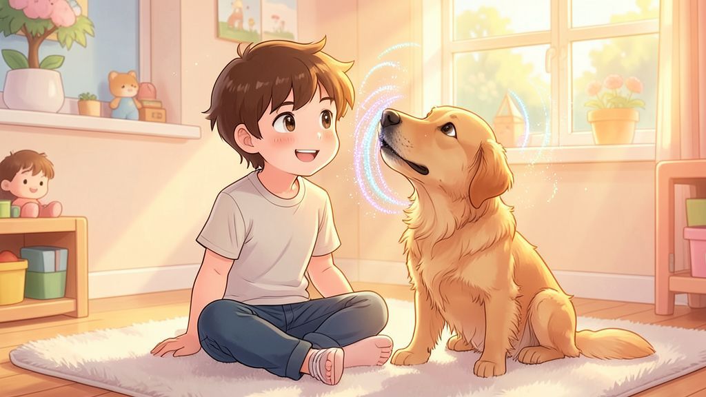 Ein glückliches Kind und ein Golden Retriever sitzen zusammen auf einem bunten Teppich, während der Hund neugierig die Nase in die Luft streckt.