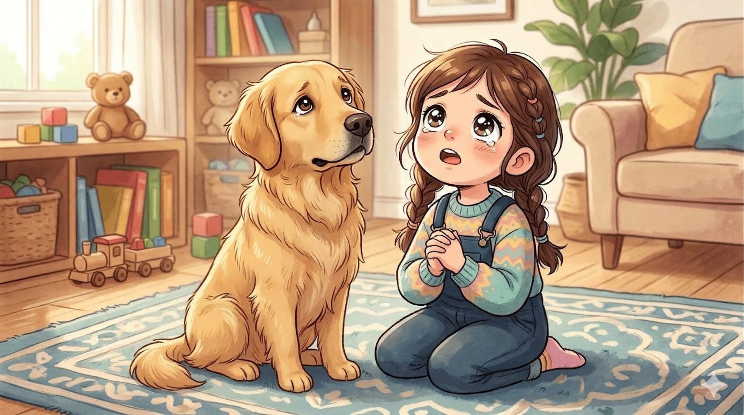 Ein kleines Mädchen und ein süßer goldener Welpe schauen beide mit großen, bittenden Augen nach oben.