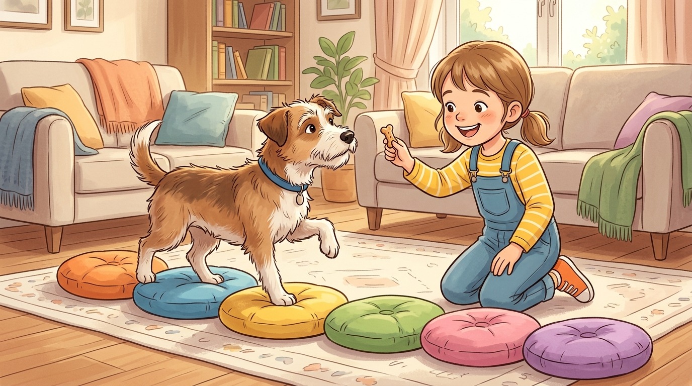 Ein fröhliches Kind führt einen Hund vorsichtig über einen Pfad aus bunten Kissen im Wohnzimmer.
