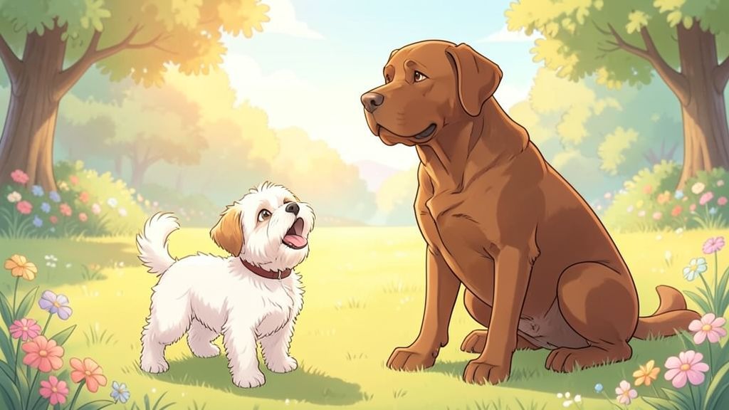 Illustration eines kleinen bellenden Terriers vor einem großen, ruhigen Hund auf einer Wiese.