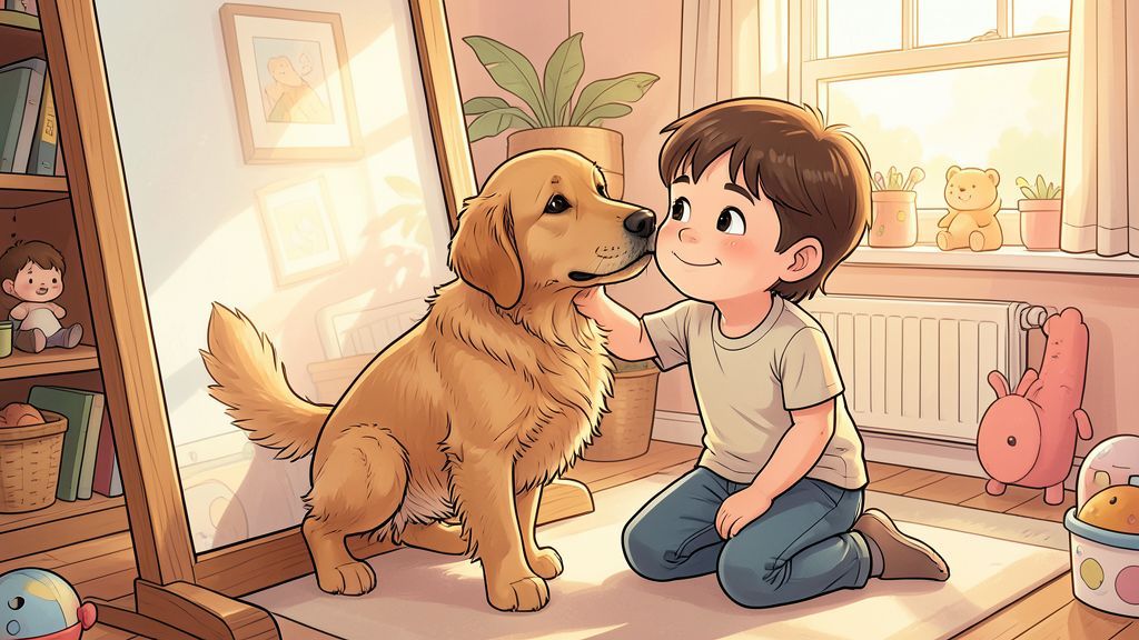 Ein kleiner Golden Retriever Welpe steht gemeinsam mit einem Kind vor einem Spiegel und betrachtet neugierig sein Spiegelbild.