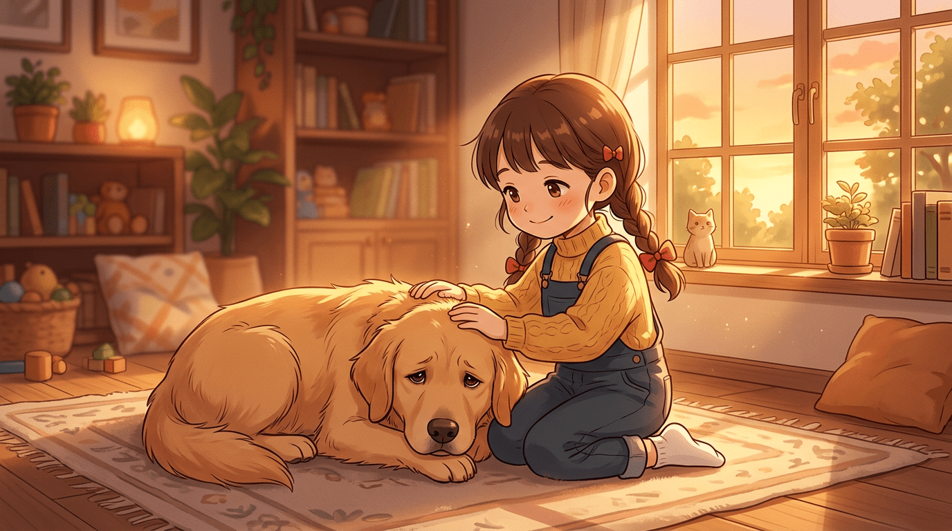 Ein Kind tröstet einen traurigen Hund in einem gemütlichen Zimmer, Illustration im Comic-Stil.