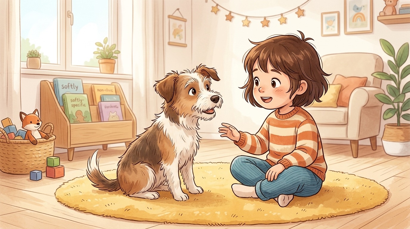 Ein Kind sitzt auf einem Teppich und spricht ruhig mit seinem aufmerksam lauschenden Hund während des Kommando-Rätsels.