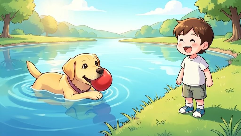 Ein fröhlicher Labrador Retriever schwimmt in einem See und bringt freudig einen roten Ball zu einem lachenden Kind am Ufer zurück.