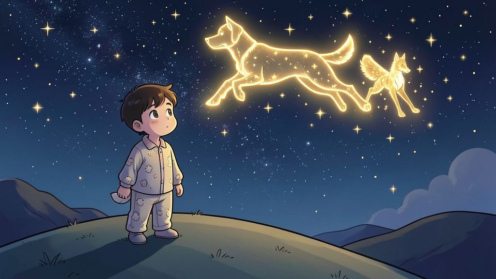 Eine magische Kinderbuch-Illustration von einem leuchtenden Hund-Sternbild am Nachthimmel über einem Kind.