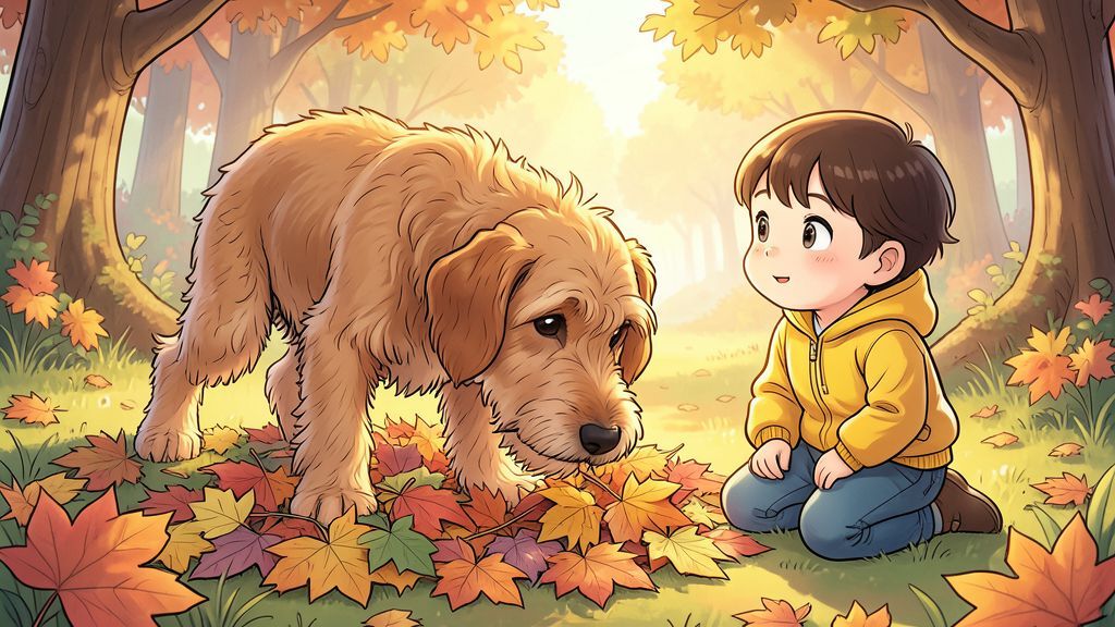 Ein lockiger, hellbrauner Lagotto Romagnolo Hund schnüffelt neugierig im bunten Herbstlaub, während ein Kind lächelnd zuschaut.