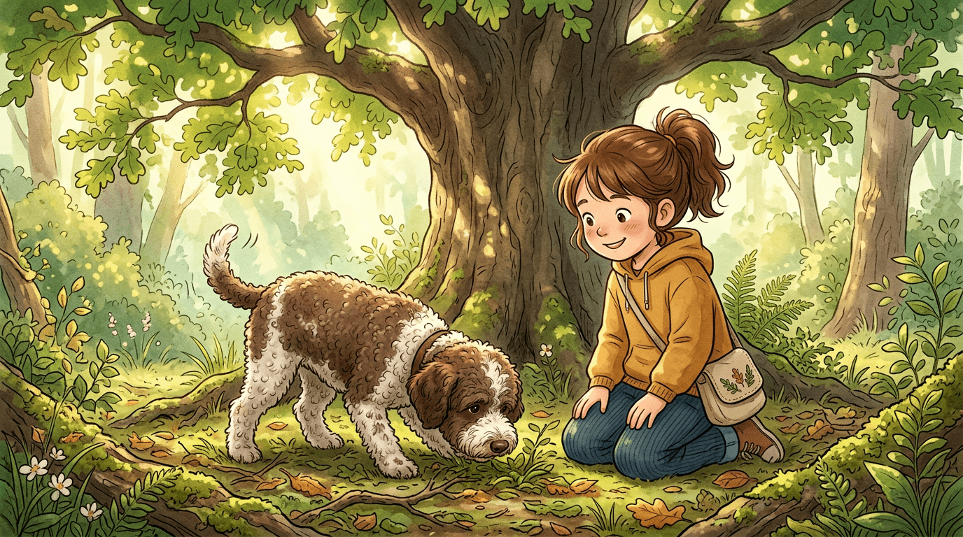Ein lockiger Lagotto Romagnolo Hund sucht im sonnigen Wald nach Trüffeln, während ein Kind freudig zuschaut.