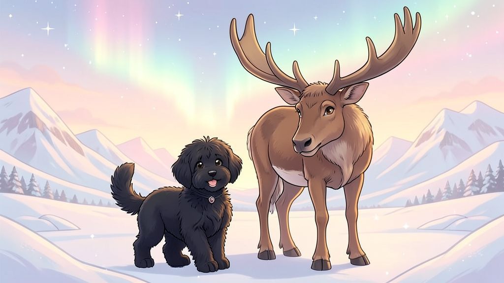 Ein flauschiger Lapphund mit dichtem schwarzen Fell steht freundlich wedelnd im glitzernden Schnee neben einem friedlichen Rentier.