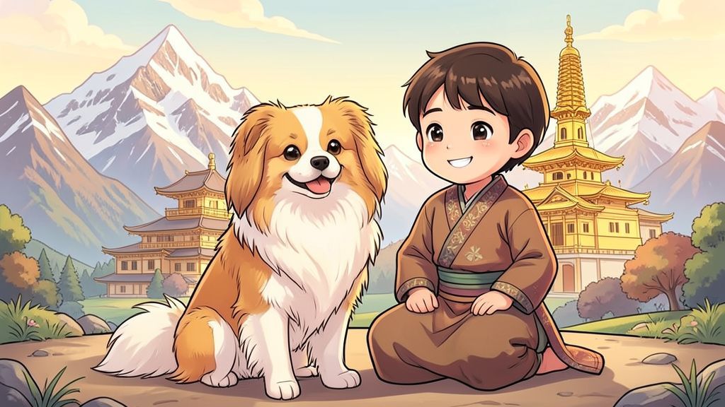 Ein flauschiger, cremefarbener Lhasa Apso sitzt neben einem lächelnden Kind vor einem tibetischen Kloster in den Bergen.