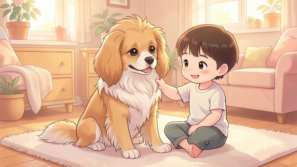 Ein kleiner Lhasa Apso mit langem, hellem Fell sitzt freundlich lächelnd neben einem Kind in einem gemütlichen Kinderzimmer.