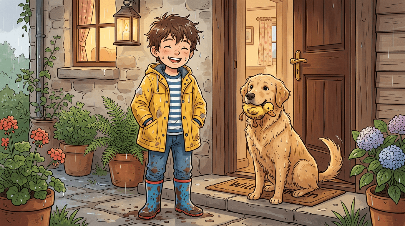 Ein kleiner Junge mit zerzausten Haaren und Matschspritzern an der Kleidung steht neben einem fröhlichen Hund im Flur.