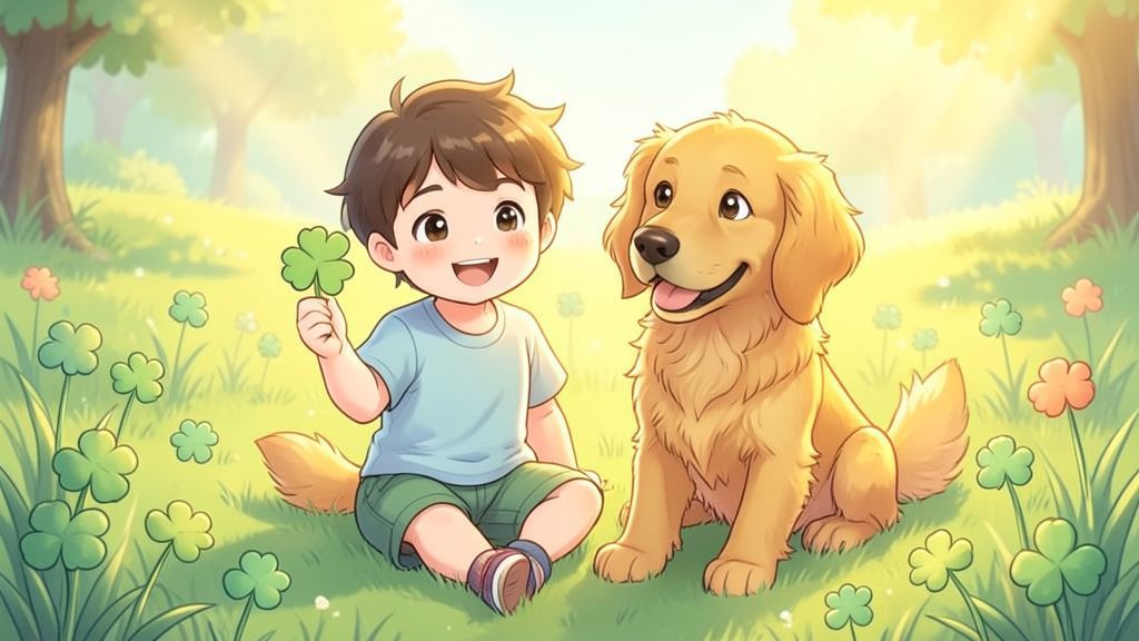 Ein lachendes Kind und ein fröhlicher Hund sitzen in einer Wiese voller vierblättriger Kleeblätter.