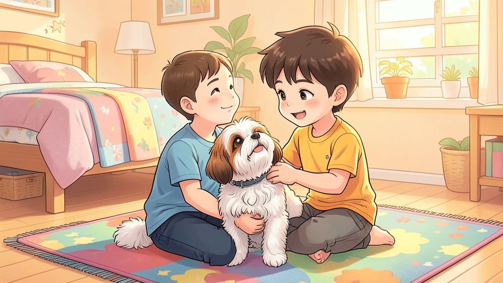 Ein fröhliches Kind bürstet sanft das lange, schneeweiße Fell eines kleinen Malteser Hundes im gemütlichen Kinderzimmer.