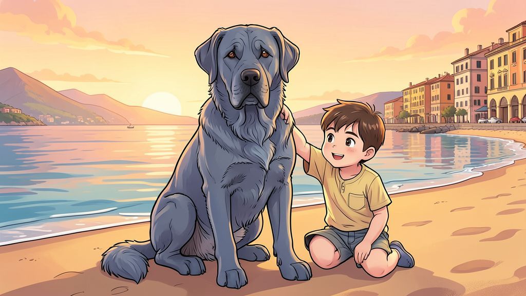 Ein großer grauer Mastino Napoletano sitzt neben einem kleinen Jungen am italienischen Meeresufer bei Sonnenuntergang.