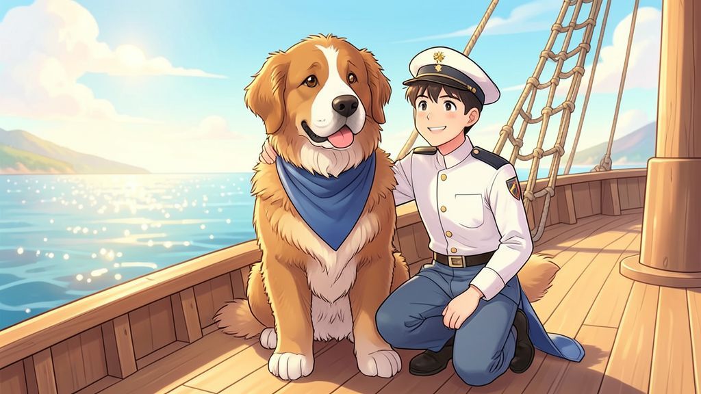 Eine Illustration von Matrose Bamse, einem großen Bernhardiner mit Matrosen-Halstuch auf einem Schiff.