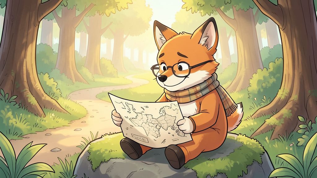 Eine schlaue, freundliche Fuchs-Figur mit einer kleinen Brille sitzt entspannt auf einem Baumstamm und zeigt auf eine Schatzkarte, während im Hintergrund ein bunter Waldweg zu sehen ist.