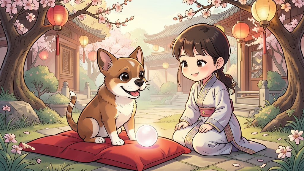 Ein niedlicher Mops mit einem geringelten Schwanz sitzt in einem prachtvollen chinesischen Garten neben einer leuchtenden Perle.