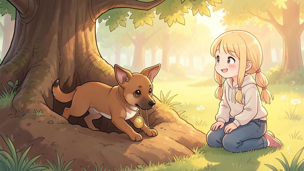 Ein kleiner, mutiger Dackel kommt stolz aus einer Erdhöhle hervor und trägt ein goldenes Amulett im Maul.