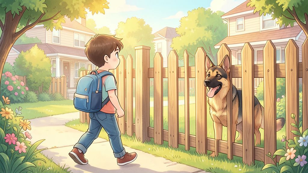 Ein Kind geht ruhig an einem Gartenzaun vorbei, während ein Hund dahinter bellt.