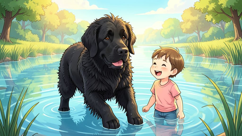 Ein riesiger, flauschiger Neufundländer-Hund planscht fröhlich mit einem lachenden Kind am flachen Ufer eines blauen Sees.