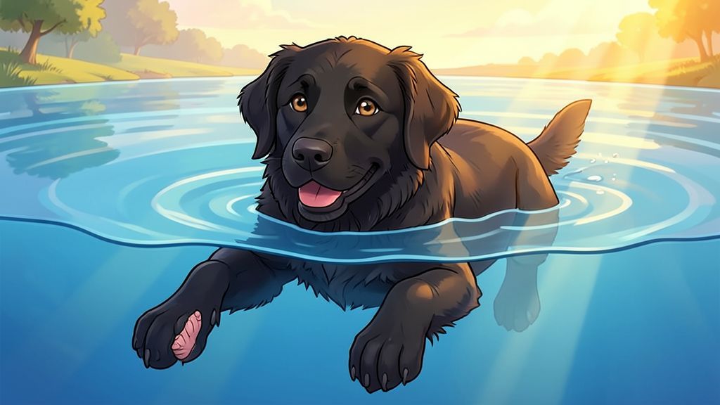 Illustration eines großen schwarzen Neufundländers, der im Wasser schwimmt und dessen Pfoten mit Schwimmhäuten unter der Wasseroberfläche sichtbar sind.