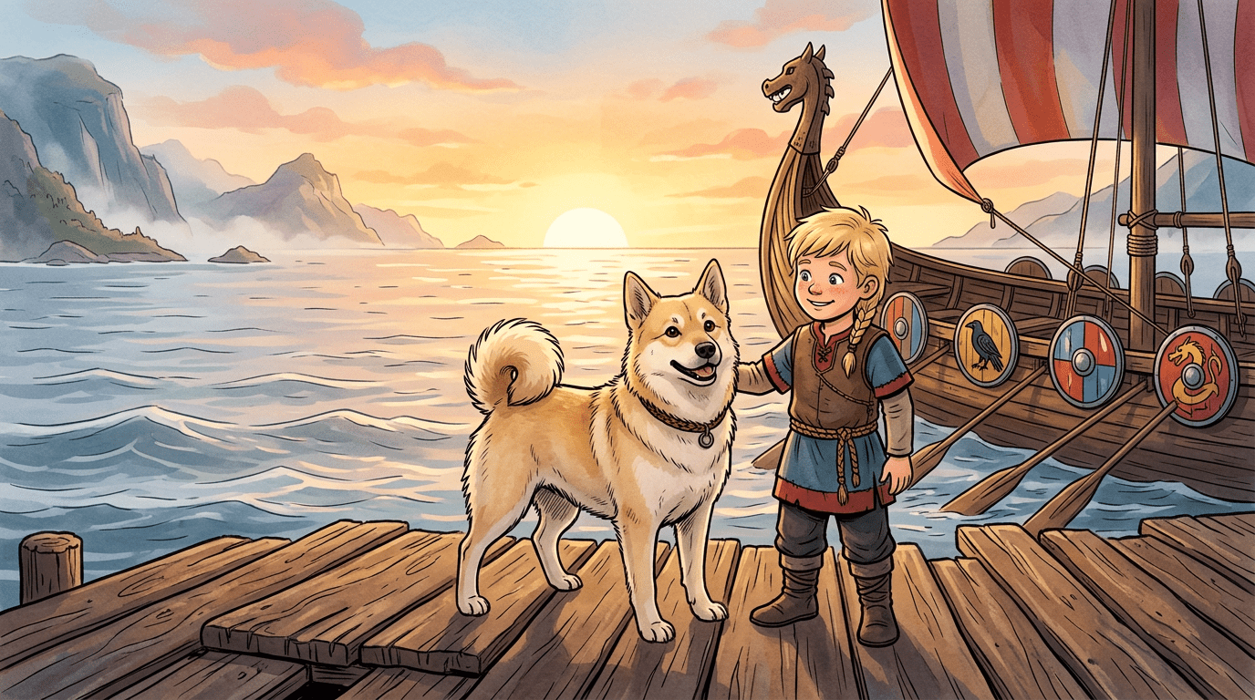 Ein aufmerksamer Norsk Buhund steht neben einem Wikingerkind auf einem Holzdeck und blickt über das Meer.