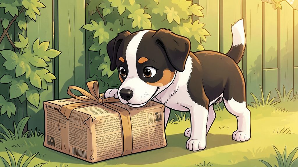 Ein kleiner schwarz-weißer Hund namens Pickles schnüffelt an einem in Zeitungspapier gewickelten Paket unter einer Hecke.