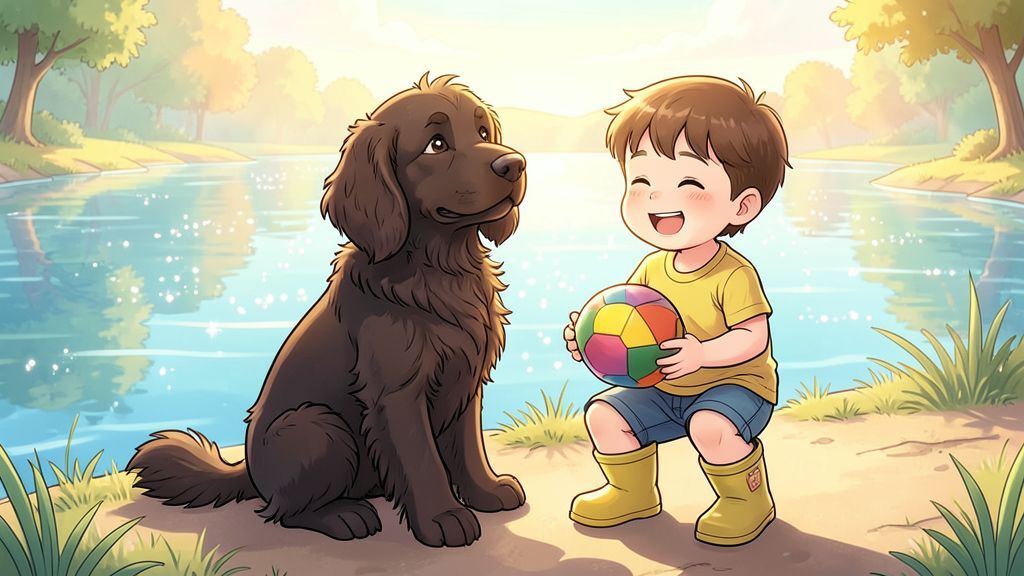 Ein lockiger Portugiesischer Wasserhund sitzt fröhlich neben einem Kind am Ufer eines blauen Sees.