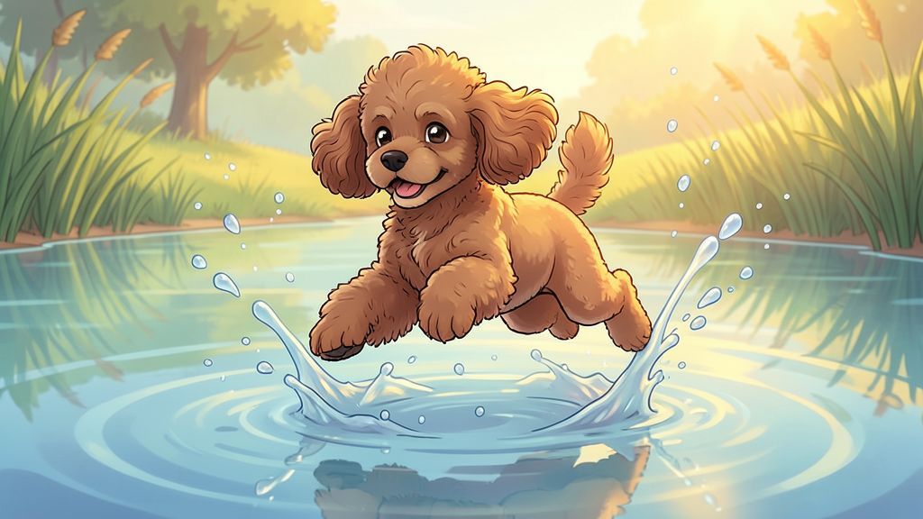 Ein fröhlicher, lockiger Pudel springt begeistert in einen blauen See, umgeben von kleinen Wasserspritzern.