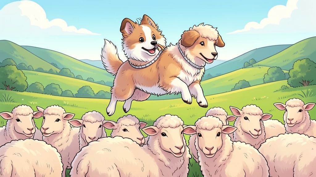 Ein zotteliger Puli mit weißem Schnürenfell springt geschickt über die Rücken einer Gruppe flauschiger Schafe auf einer grünen Wiese.