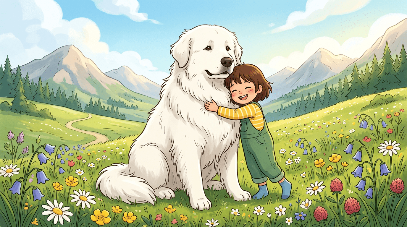 Ein großer, flauschiger weißer Pyrenäenberghund sitzt neben einem lachenden Kind auf einer blühenden Bergwiese.