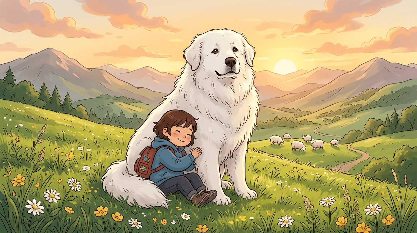 Ein großer, weißer Pyrenäenberghund sitzt lächelnd auf einer grünen Bergwiese neben einem kleinen Kind.