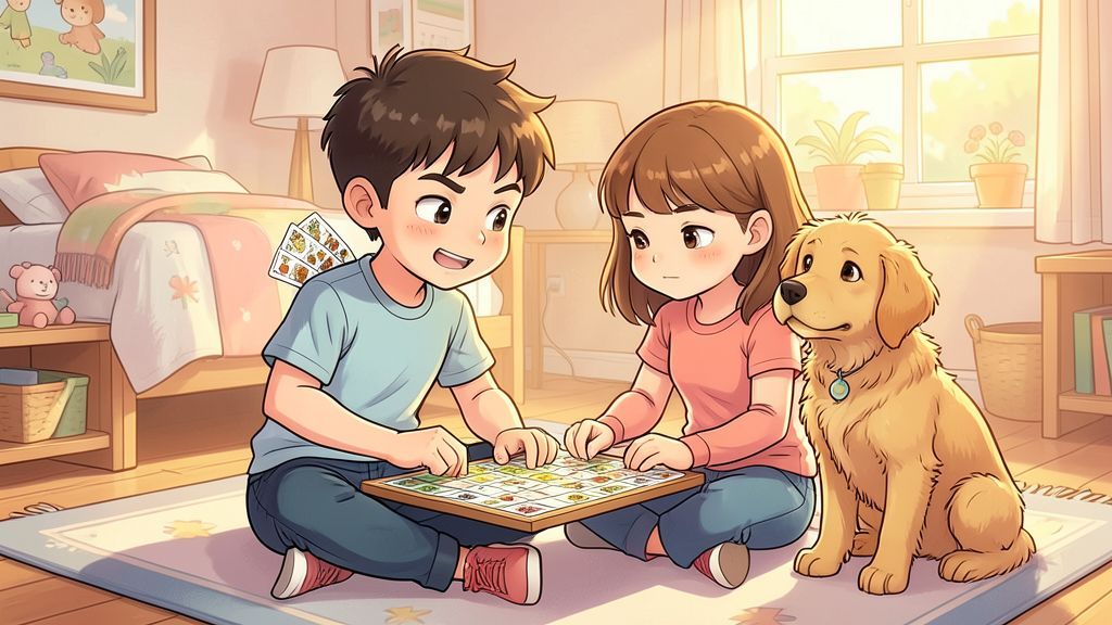 Illustration eines Jungen, der beim Brettspiel schummelt und eine Karte hinter dem Rücken versteckt, während ein Hund ihn beobachtet.