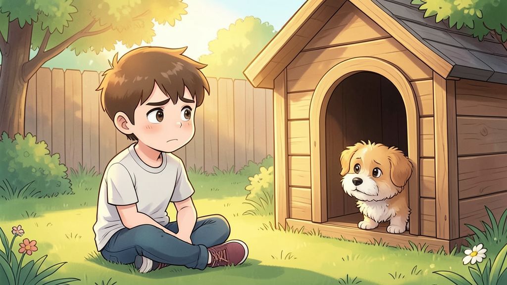 Eine kindgerechte Illustration eines Jungen, der mit einem etwas verlegenen Gesichtsausdruck neben einer gemütlichen Hundehütte im Garten sitzt, während ein kleiner Hund neugierig herausguckt.